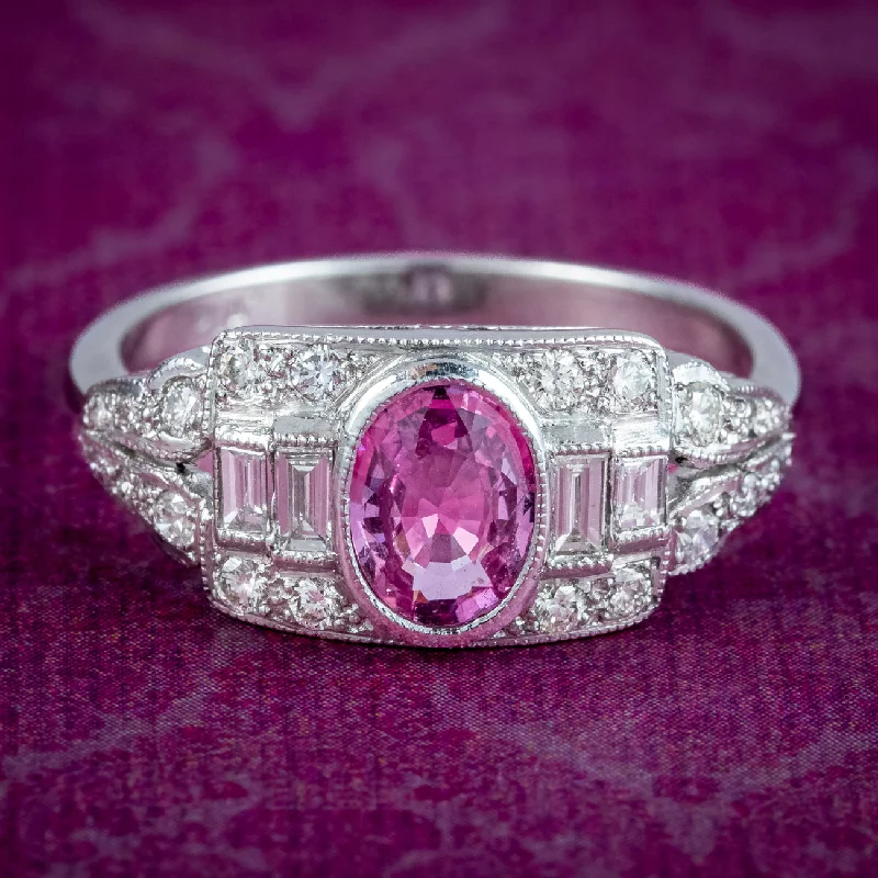 Personalized Ring with Custom Engraving-Art Deco Style Pink Sapphire Diamond Cluster Ring 0.65ct Sapphire