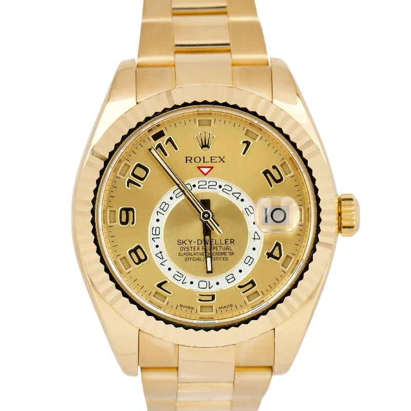 Designer Watches with Diamonds-Rolex Sky-Dweller CHAMPAGNE ARABIC 18K Yellow Gold Oyster 42mm Watch 326938 BOX