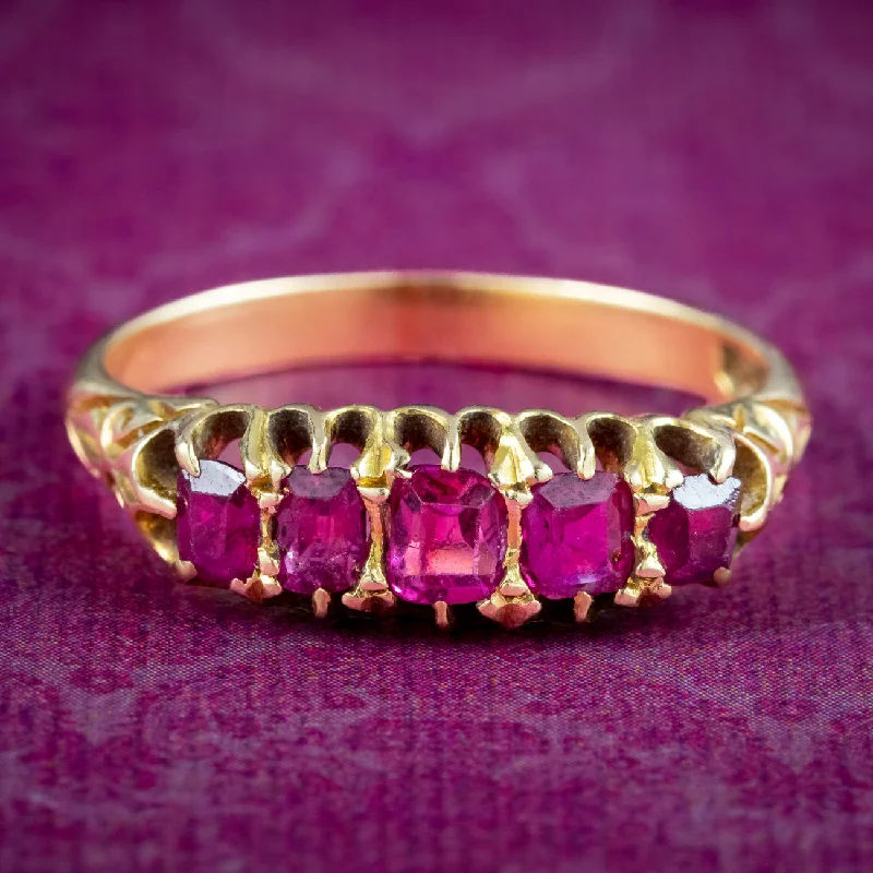 Bridal Ring Set for Weddings-Antique Victorian Ruby Five Stone Ring 0.90ct Total