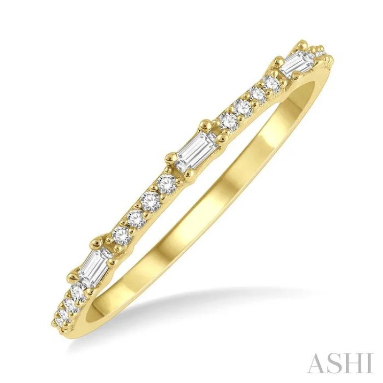 Custom Birthstone Ring for Women-1/5 Ctw Baguette and Round Cut Diamond Stackable Petite Fashion Band in 10K Yellow Gold