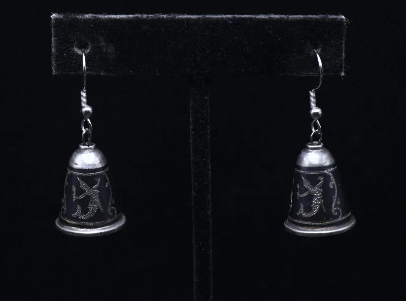 Classic Earrings for Every Occasion-Vintage Siamese Dancer Sterling Silver Niello Bell Dangle Earrings