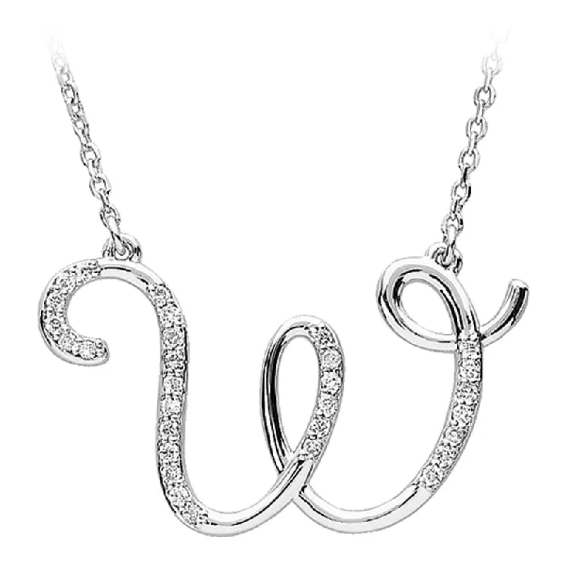 Sterling Silver Necklace for Casual Wear-1/6 Ctw Diamond Sterling Silver Medium Script Initial W Necklace, 16in