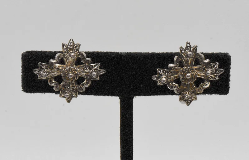 Artistic Earrings for Fashion Lovers-Vintage Sterling Silver Filigree Cross Screw Back Earrings