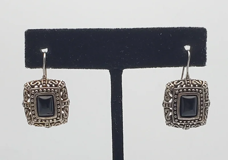 Fashion Earrings for Casual Wear-Vintage Black Onyx Cabochon Pierced Design Sterling Silver Drop Earrings