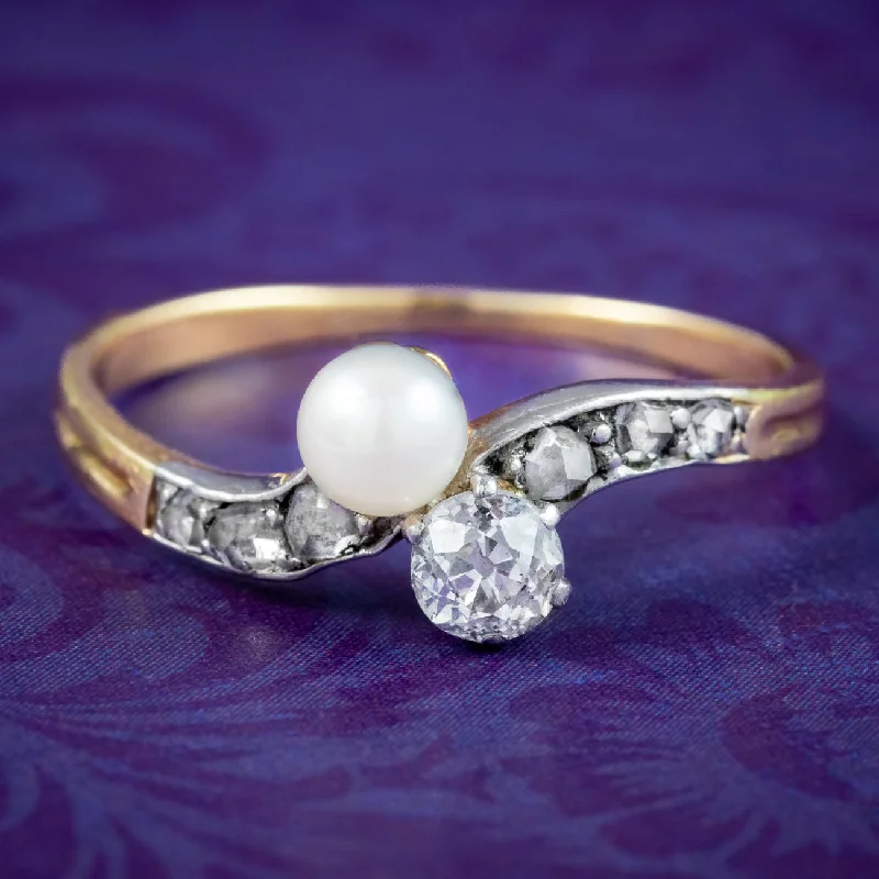 Luxury Ring for Anniversary Gifts-Antique Edwardian Diamond Pearl Toi Et Moi Twist Ring