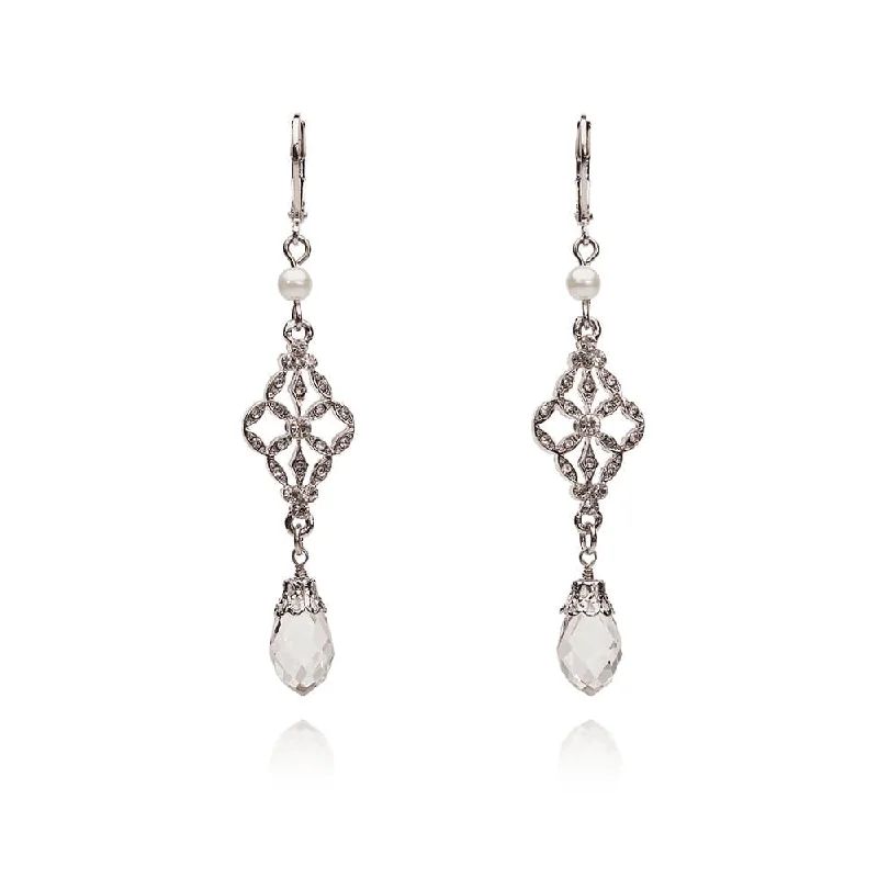 Stunning Earrings for Evening Events-Victorian Style Silver and Glass Crystal Long Drop Earrings