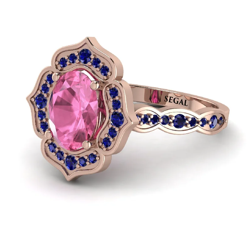 Large Ruby Ring for Women-Decorated Halo Oval Pink Moissanite Engagement Ring - Faith No. 814