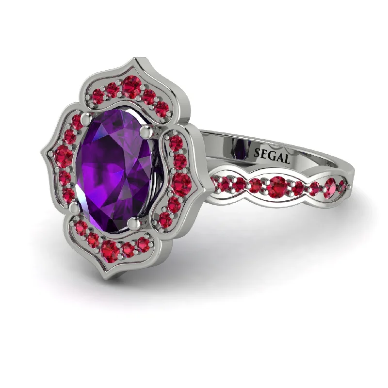 Sterling Silver Ring with Gemstones-Decorated Halo Oval Amethyst Engagement Ring - Faith No. 312