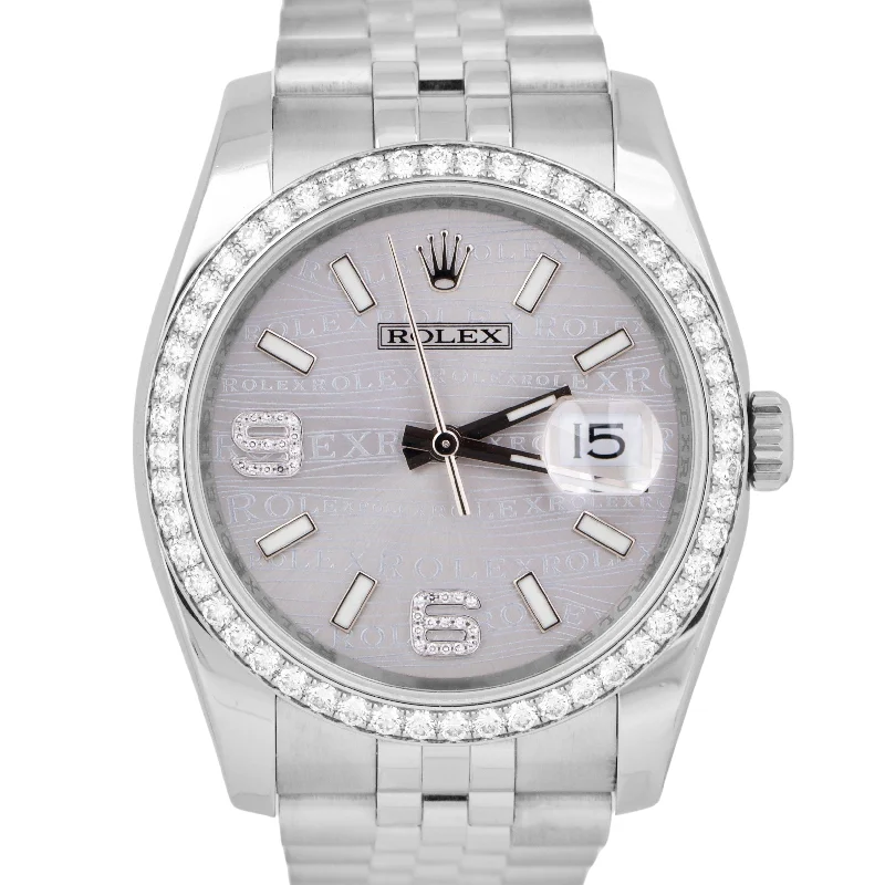 Elegant Gold Watches for Weddings-PAPERS Rolex DateJust RHODIUM WAVES Steel DIAMOND 36mm JUBILEE 116244 Watch B+P