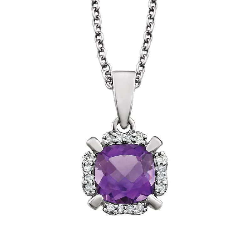 Luxury Chain Necklace for Women-Cushion Amethyst & Diamond Necklace in 14k White Gold, 18 Inch