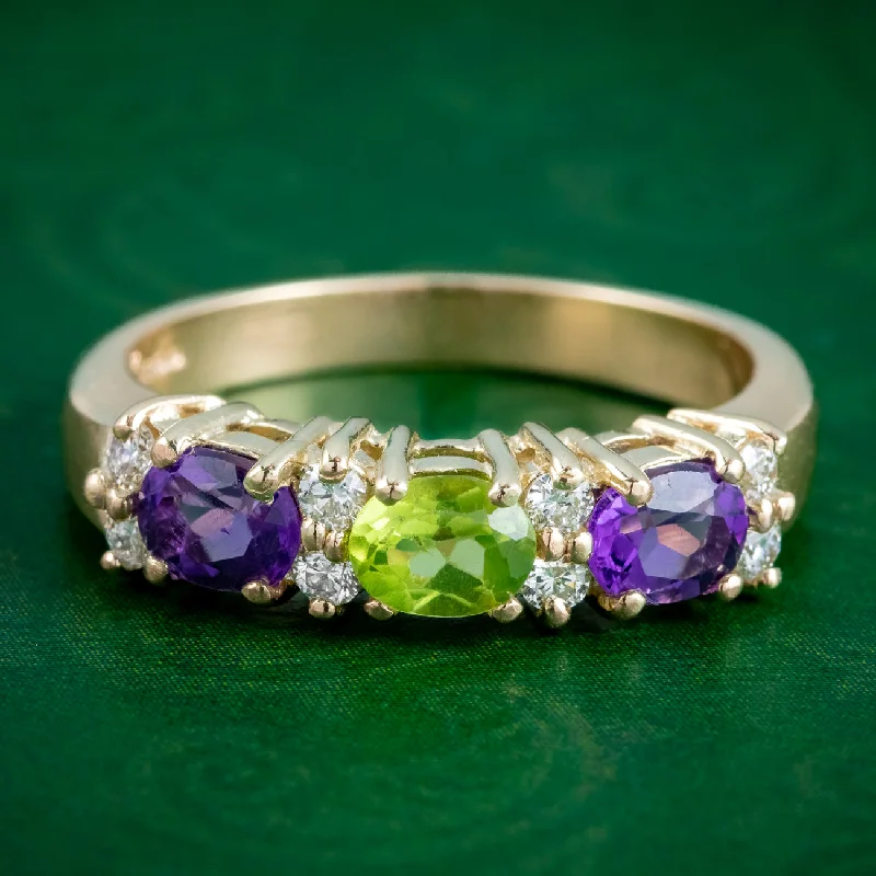 Boho Chic Ring for Casual Wear-Edwardian Suffragette Style Amethyst Peridot Diamond Ring 9ct Gold