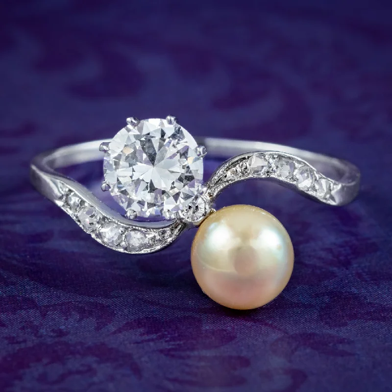 Designer Engagement Ring with Diamonds-Antique Edwardian Pearl Diamond Toi Et Moi Twist Ring