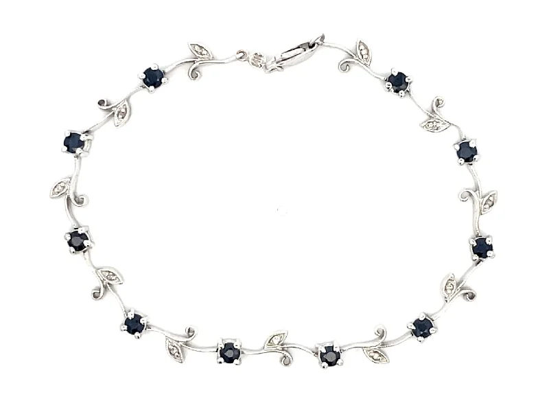 Classic Gold Bracelet for Brides-Sapphire Flower Diamond Leaf Bracelet in 14k White Gold