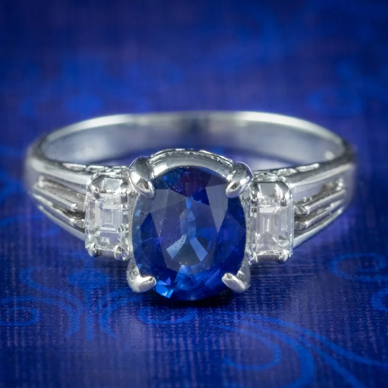 Diamond Ring for Women-Edwardian Style Sapphire Diamond Trilogy Ring 1.65ct Sapphire