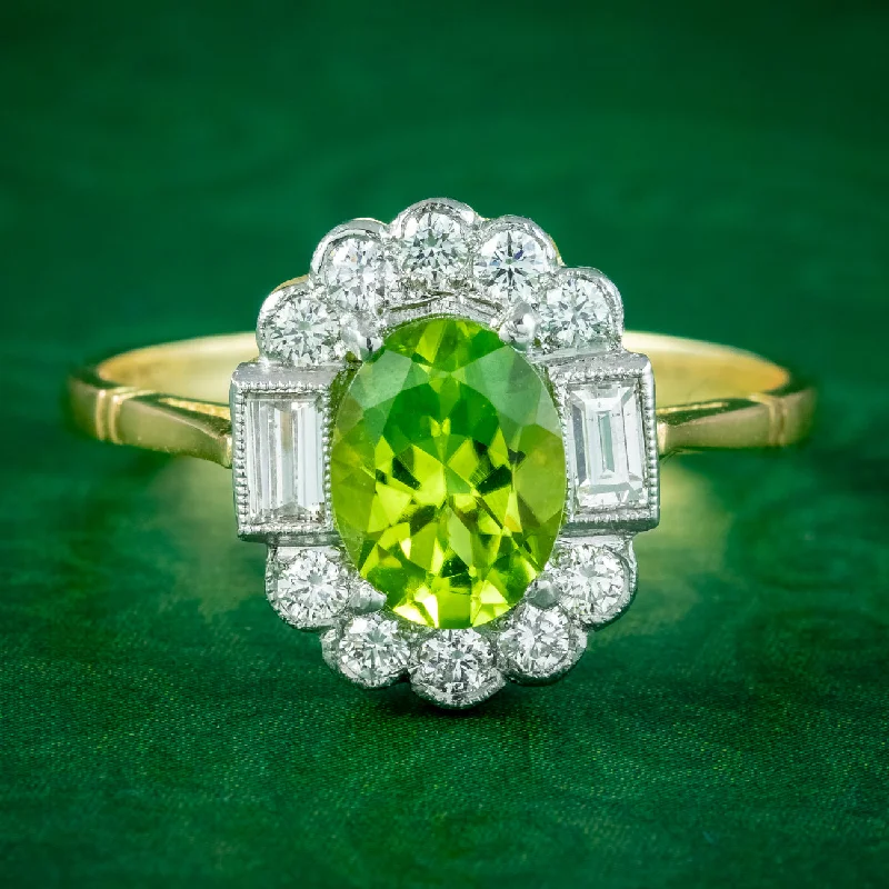 Simple Men’s Gold Band Ring-Art Deco Style Peridot Diamond Cluster Ring 1.3ct Peridot