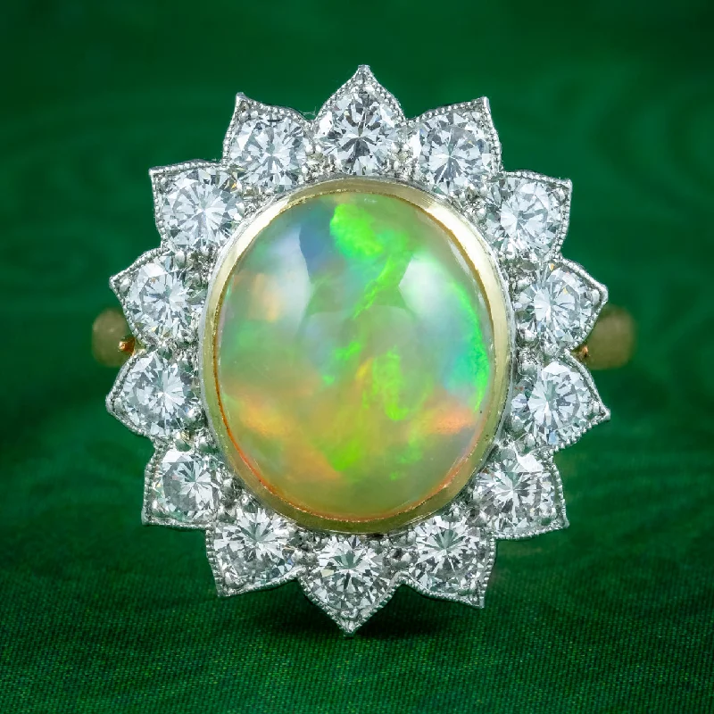 Elegant Diamond Engagement Ring-Edwardian Style Opal Diamond Flower Cluster Ring 3.1ct Opal