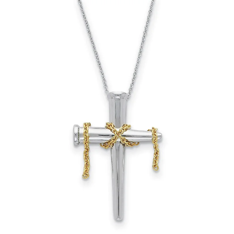 Custom Gold Necklace for Unique Style-Rhodium & Gold Tone Plated Sterling Silver Nail Cross Necklace, 18 In.