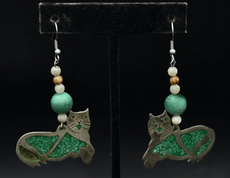 Turquoise Drop Earrings for Summer-Vintage Handmade Alpaca and Malachite Cat Earrings