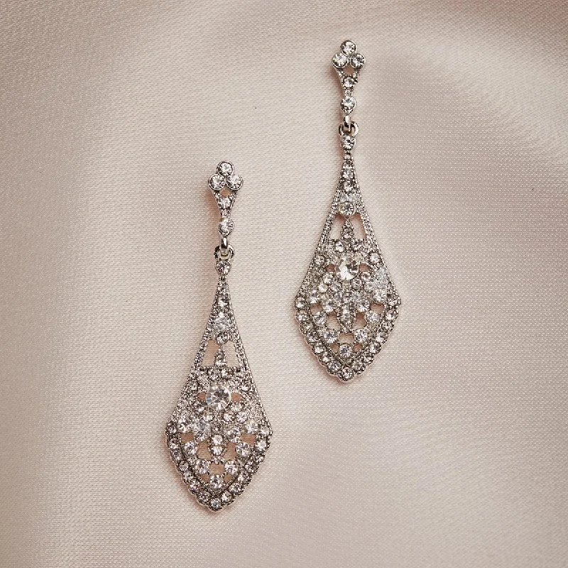 Gold Earrings for Evening Events-Art Deco Crystal Earrings: Deco Diamante Long Drop Earrings