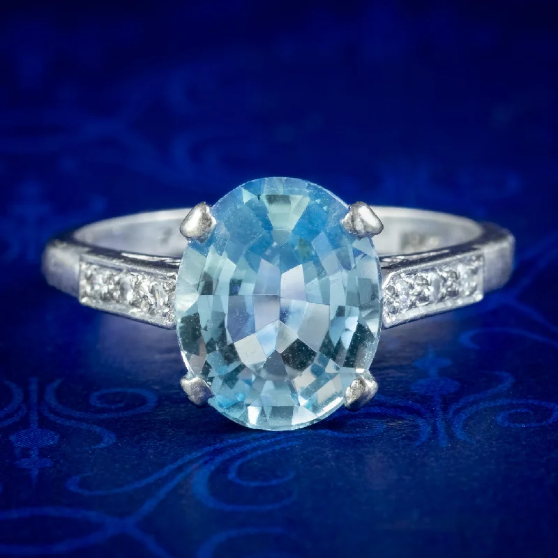 Classic Titanium Wedding Ring-Vintage Aquamarine Diamond Ring 3.8ct Aqua