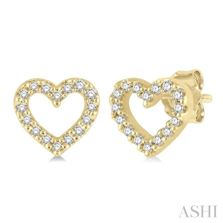 Gold Plated Earrings for Women-1/10 Ctw Heart Cutout Round Cut Diamond Petite Fashion Earring in 14K Yellow Gold