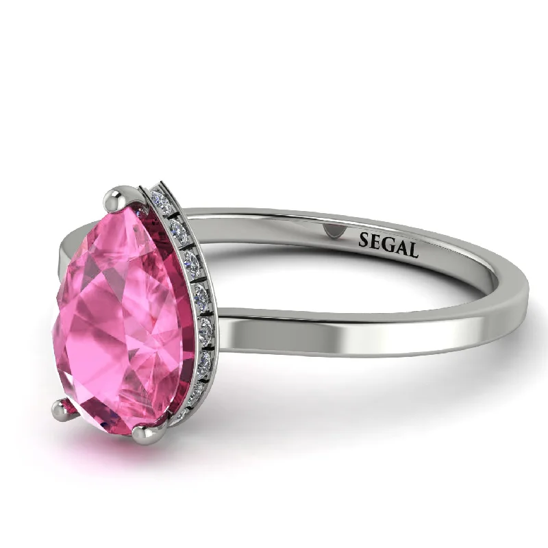 Designer Engagement Ring with Diamonds-Hidden Halo Pear Pink Moissanite Engagement Ring - Mary No. 803