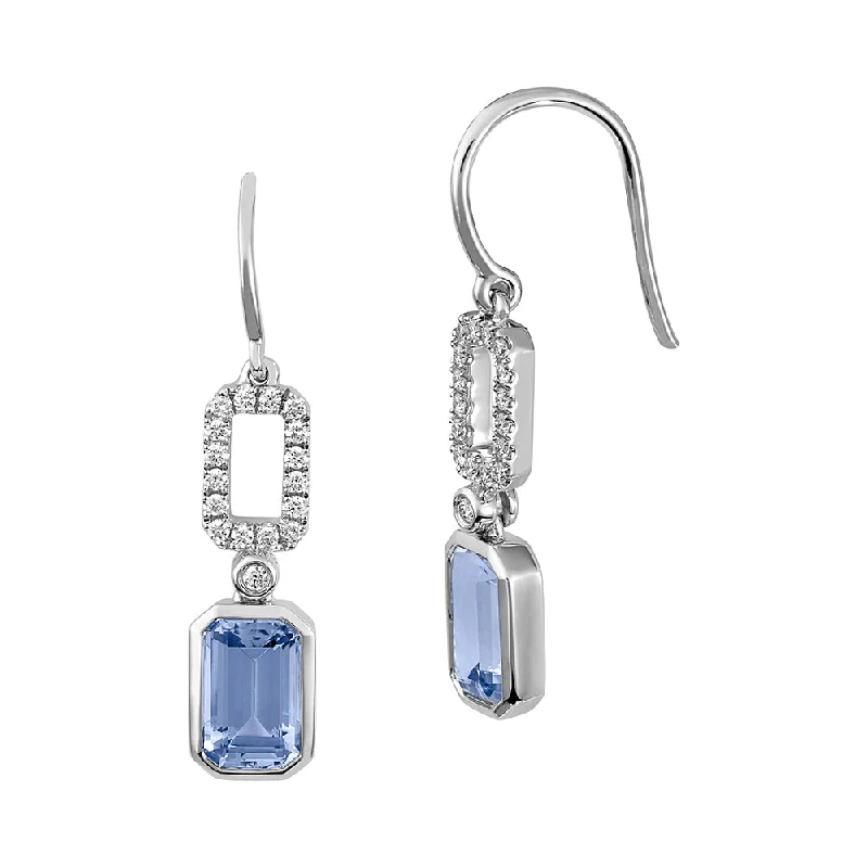 Personalized Earrings for Fashion-14K white gold earrings featuring emerald-cut Chatham lab grown aqua blue spinel with Chatham lab grown diamond accents.