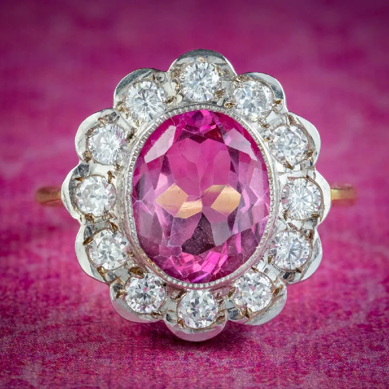 Colored Gemstone Ring for Fashion-Edwardian Style Pink Topaz Cz Daisy Cluster Ring 5ct Pink Topaz