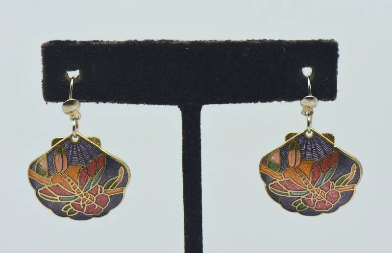 Butterfly Earrings for Girls-Vintage Enamel Butterfly and Floral Scallop Shell Dangle Earrings