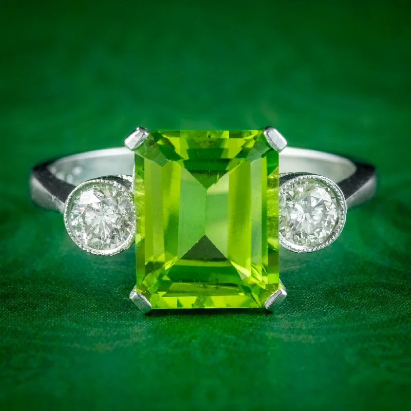 Wedding Ring Set with Diamonds-Art Deco Style Peridot Diamond Trilogy Ring 3ct Peridot