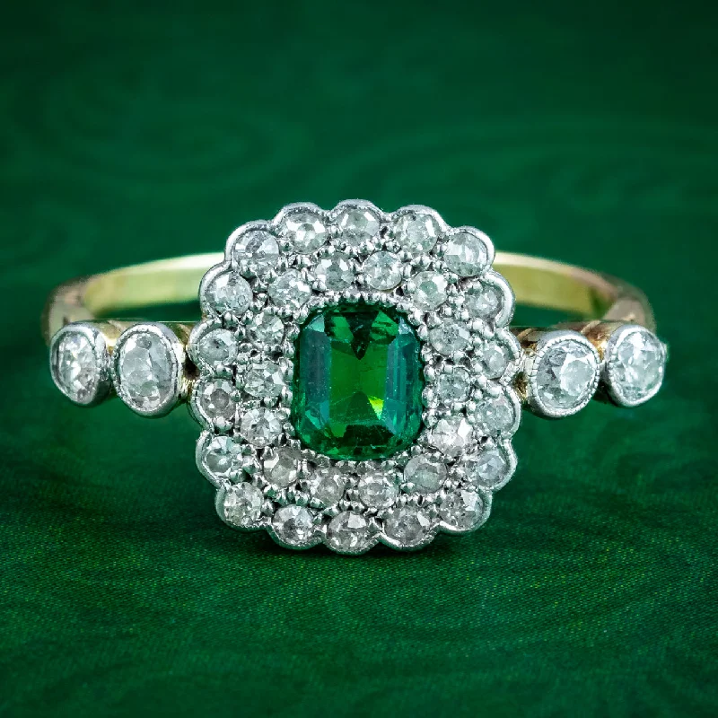 Sterling Silver Ring with Gemstones-Antique Victorian Emerald Diamond Cluster Ring 0.60ct Emerald