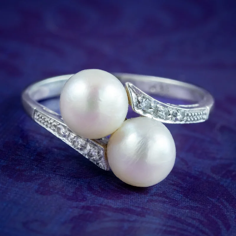 Designer Wedding Ring Set for Couples-Antique Edwardian Pearl Toi Et Moi Diamond Twist Ring