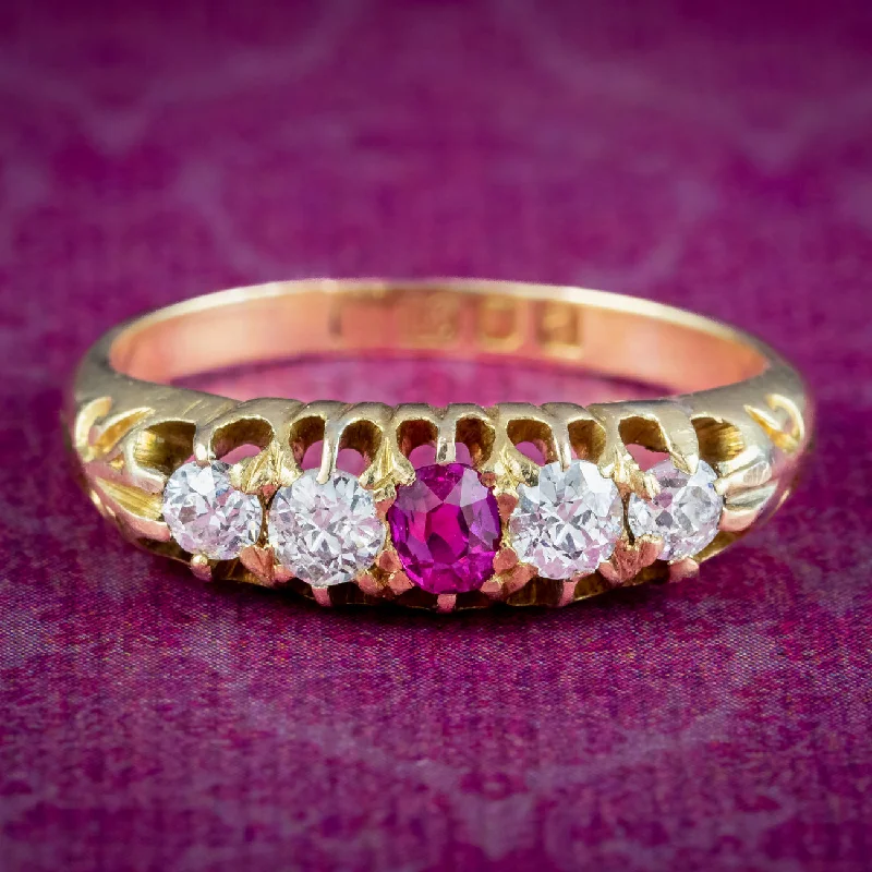 Customizable Gold Ring for Men-Antique Victorian Ruby Diamond Five Stone Ring Dated 1896