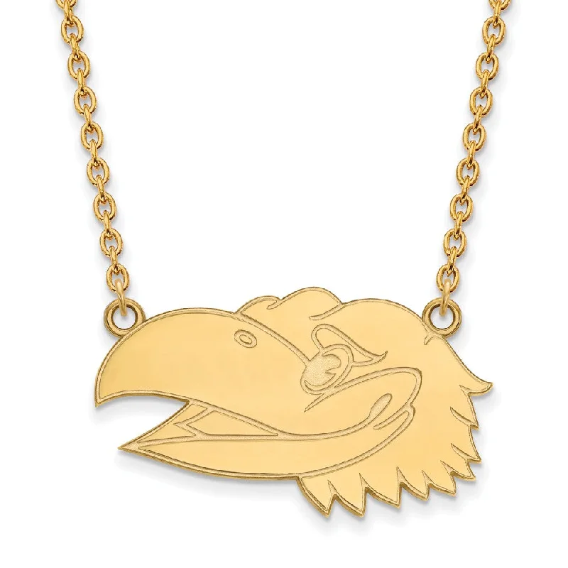 Rainbow Necklace for Festivals-14k Yellow Gold U of Kansas Lg Jayhawk Logo Pendant Necklace