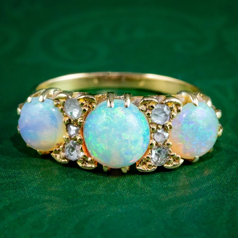 Luxury Gold Ring for Anniversary-Antique Victorian Opal Diamond Ring 3ct Opal