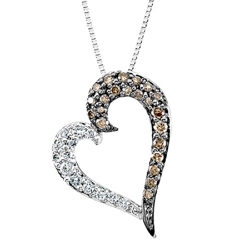 Layered Necklace for Special Occasions-White and Brown Diamond Heart Necklace in 14k White Gold