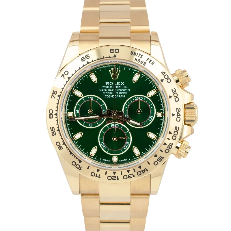 Classic Men's Watches with Round Faces-NEW Rolex Daytona GREEN DIAL 40mm Yellow Gold Chronograph Watch 116508 B+P