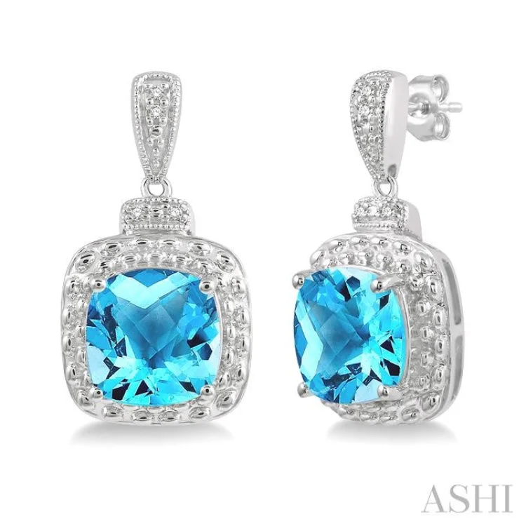 Bridal Gold Earrings for Weddings-1/50 Ctw Round Cut Diamond & 8x8MM Cushion Cut Blue Topaz Semi Precious Earring in Sterling Silver