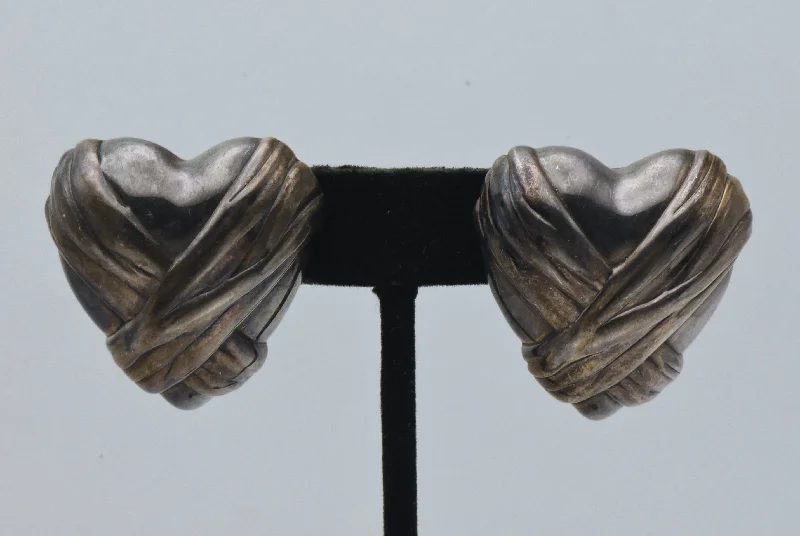 Unique Stud Earrings for Casual Outfits-Vintage Bandaged Hearts Sterling Silver Earrings