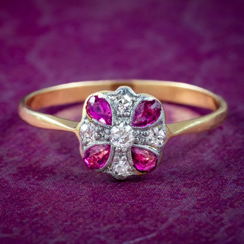 Rose Gold Ring for Stylish Women-Antique Art Deco Ruby Diamond Cluster Ring