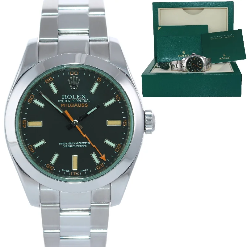 Men's Watches with Unique Watch Faces-2022 MINT Rolex Milgauss Green Anniversary Orange Black 116400 GV Steel Watch Box