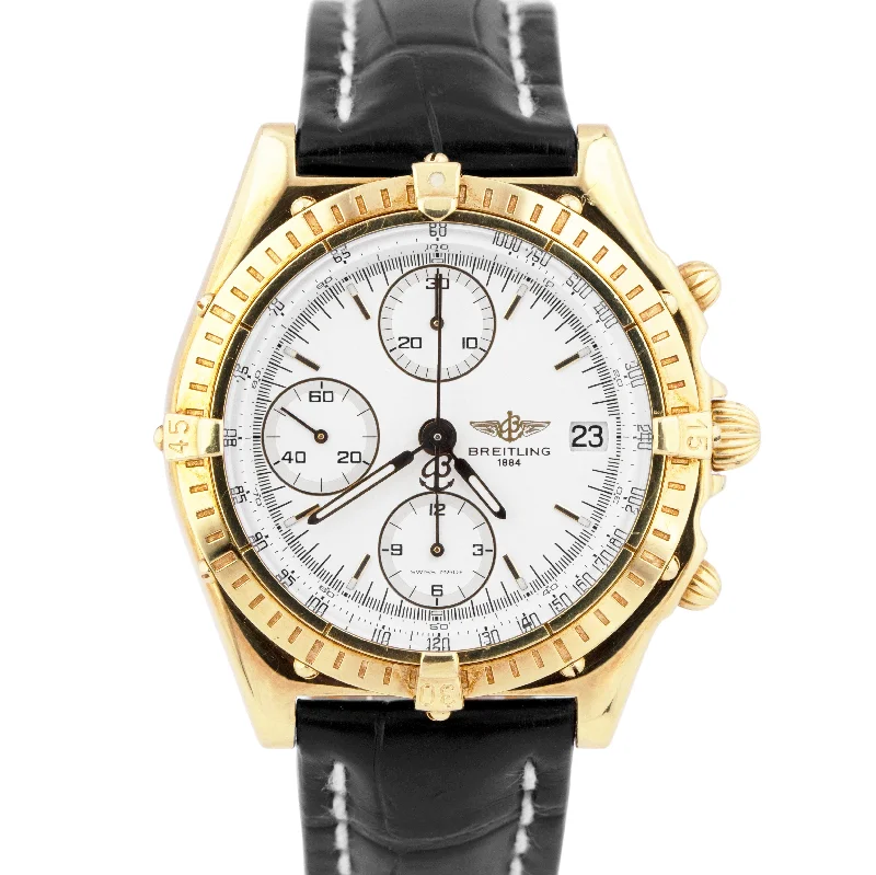 Luxury Designer Watches with Leather Bands-UNPOLISHED Breitling Chronomat White 40mm K13048 18K Yellow Gold Chronograph BOX