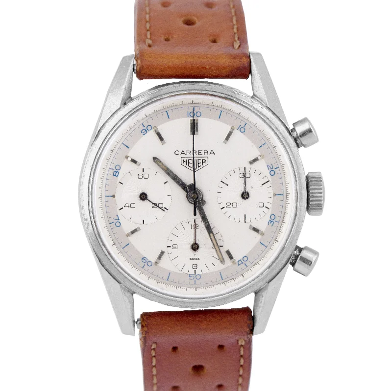 Luxury Watches for Anniversary Gifts-UNPOLISHED 1960's Heuer Carrera White Chronograph 2447D 35.5mm Steel Watch