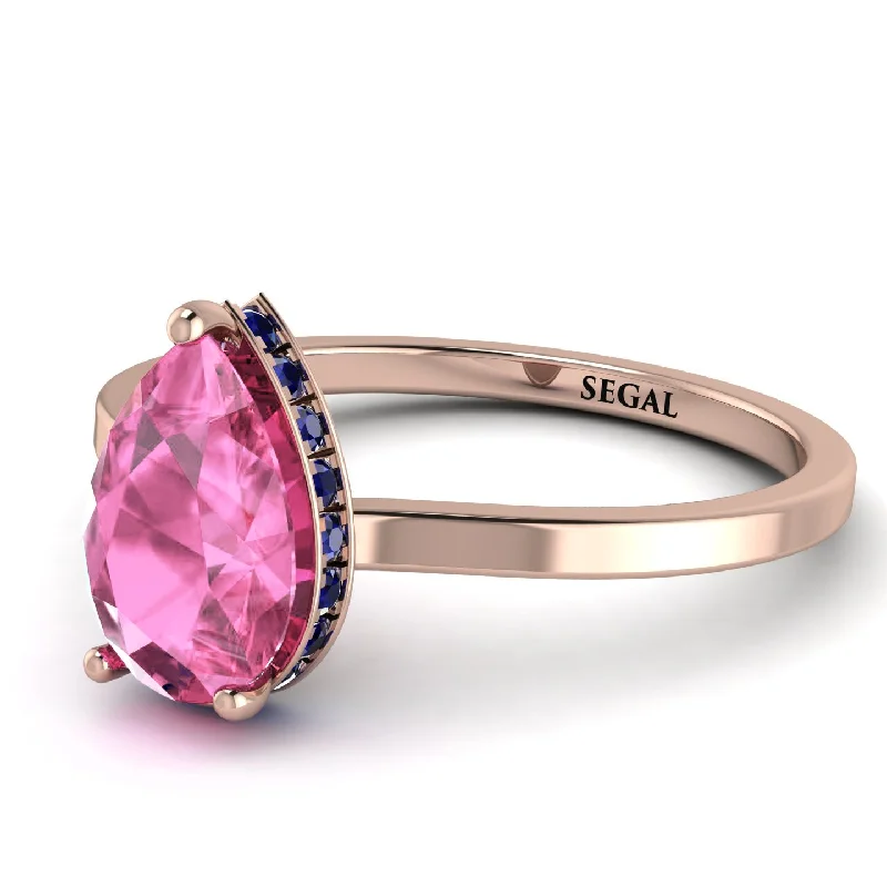 Simple Titanium Wedding Band-Hidden Halo Pear Pink Moissanite Engagement Ring - Mary No. 814