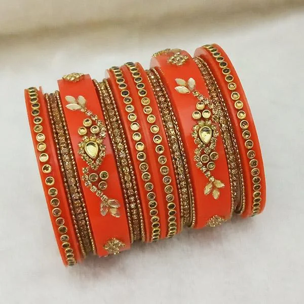 Adjustable Bangles for Weddings-Sejal Gold Plated Orange Austrian Stone Bangle Set - 1403742C_2.4