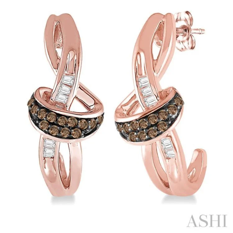 Sparkling Earrings for Bold Fashion-1/6 Ctw Twirl Entwined Baguette & Brown Diamond Earrings in 10K Rose Gold