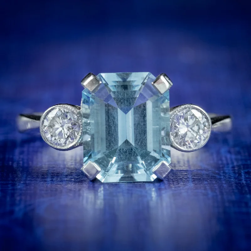 Bridal Ring Set for Weddings-Art Deco Style Aquamarine Diamond Trilogy Ring 3ct Aqua