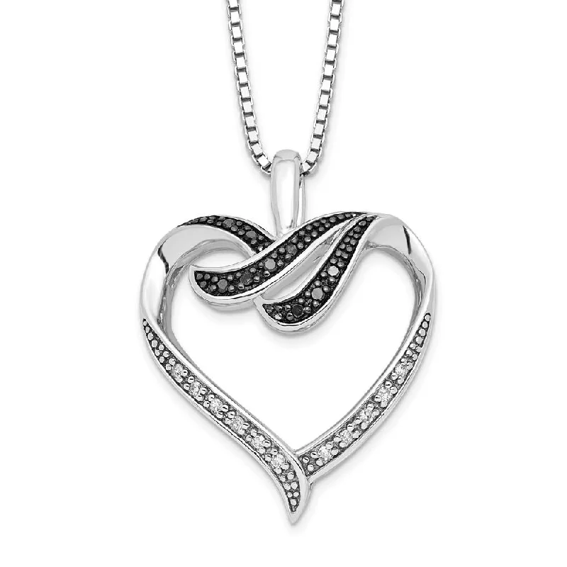 Classic Gold Necklace for Weddings-Black & White Diamond 22mm Ribbon Heart Necklace in Sterling Silver