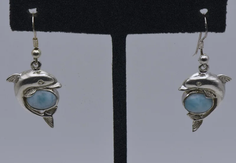 Minimalist Gold Earrings-Vintage Larimar Sterling Silver Dolphin Earrings