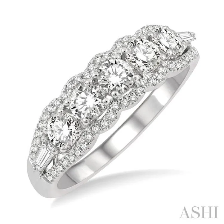 Custom Ring with Personalized Engraving-1 Ctw Baguette and Round Cut Diamond Fashion Ring in 14K White Gold